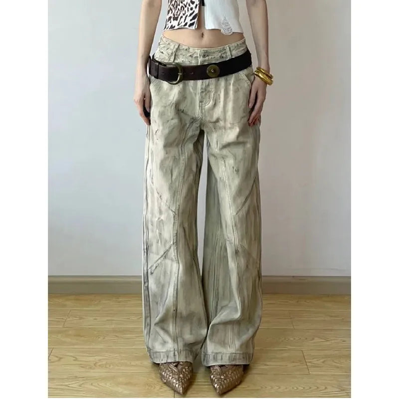 qgtao - Blue Womens Jeans High Waist Vintage Straight Summer Y2K Classic Denim Pants Streetwear American Wide Leg Baggy Denim Trouser
