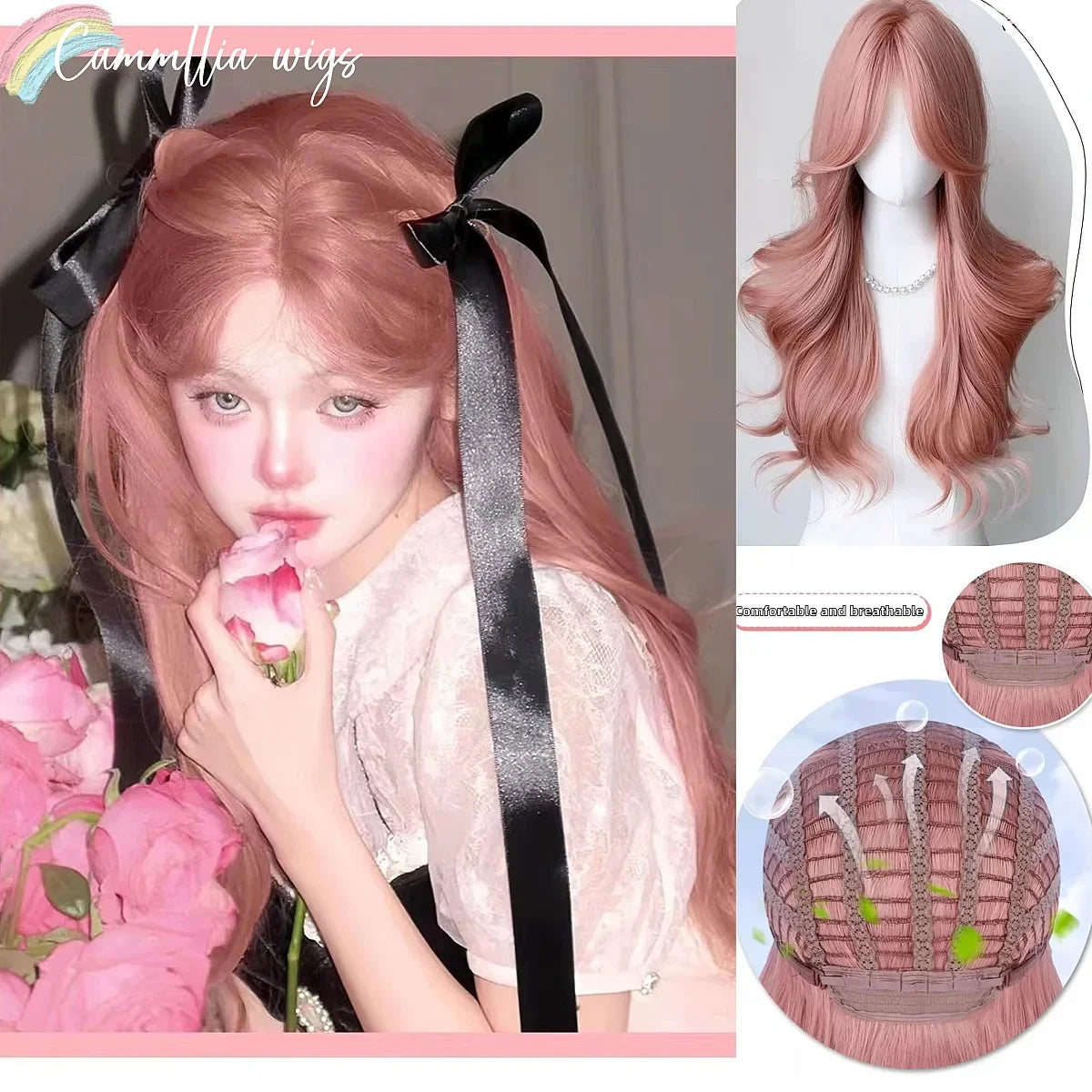qgtao - Pink Wig for Women Long Wavy Pink Lolita Cosplay Wig Sweet Nature Wave Headband Synthetic Wig