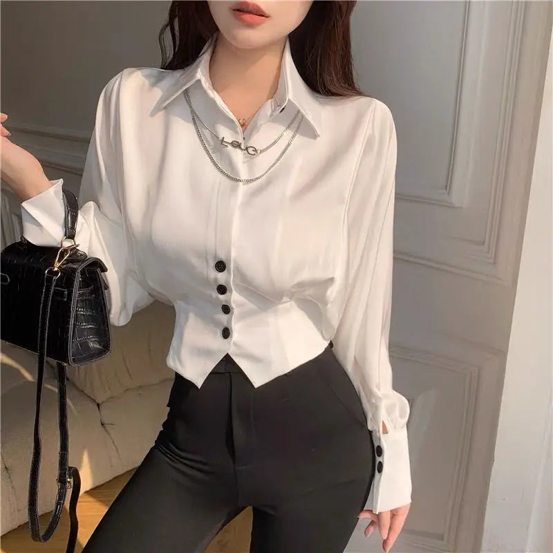 Vintage Elegant Button Solid Chiffon Shirt Spring Autumn 2022 New Polo-Neck Long Batwing Puff Sleeve Slim Blouse Women's Clothes