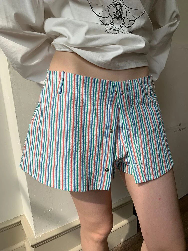 qgtao - Summer Stripe Shorts Women Y2k Causal Baggy Low Waist Korean Straight Half Pants Streetwear Fashion Female Short Skirts