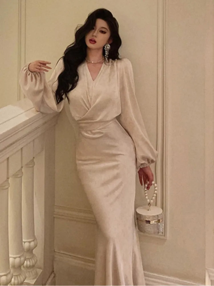 qgtao Elegant Satin Midi Dresses for Women Lantern Sleeve V-neck Lace-up Bodycon Mermaid Evening Party Dress Prom Robe Autumn Vestidos