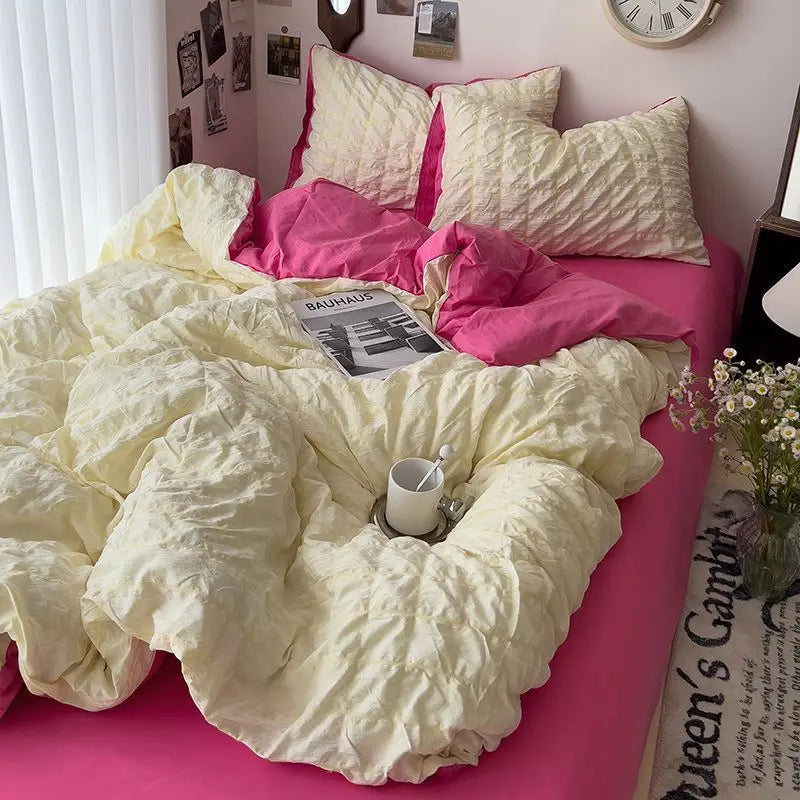 Yeknu Seersucker Princess Girls Bedding Set Duvet Cover Korean Four PIECE Washed Cotton Bed Sheet Cover Quilt Set