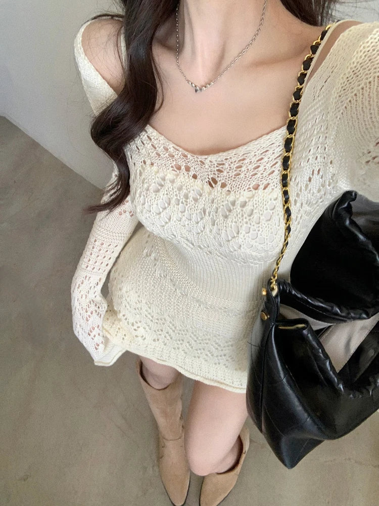 qgtao Autumn Elegant Knitted Dress Women Long Sleeve Lace Short Party Dress Korea Fashion Slim Sexy Y2k Mini Dress Female Vintage