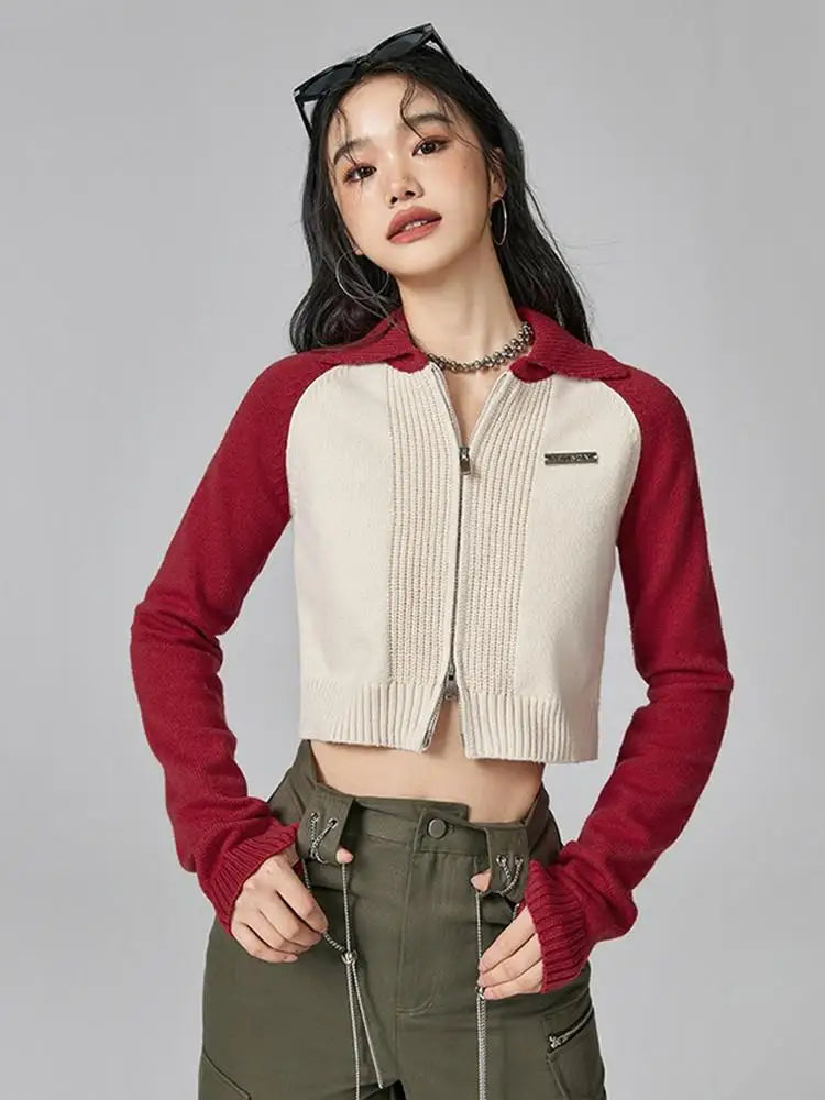 Tonngirls American Retro Knit Cardigan Women Patchwork Slim Y2k Vintage Crop Tops Streetwear Turn Down Collar Cardigan Sweater