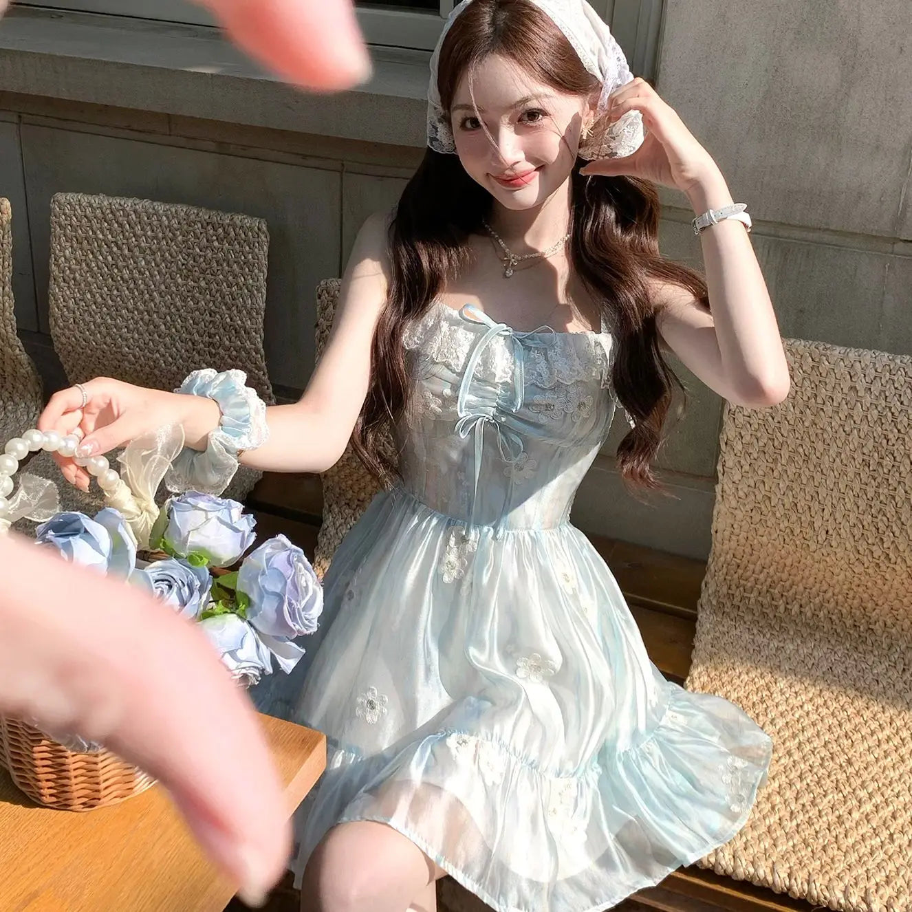 qgtao Autumn Sweet Fairy Mini Lace Dress Women Sexy Chic Embroidered Print Strap Dress Cute Casual Chiffon Beach Vacation Party Dress