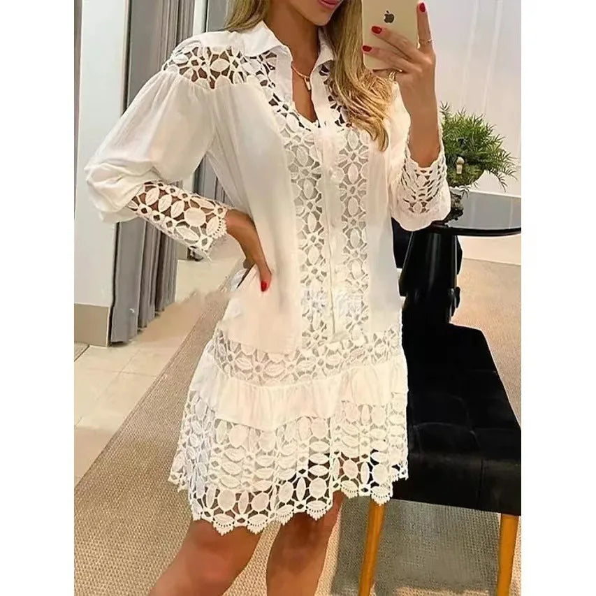 qgtao Women Lace Stitching Sexy Hollow Out And Transparent Dress Not Lined Elegant Office Spring Casual Long Sleeve White Shirt Dress