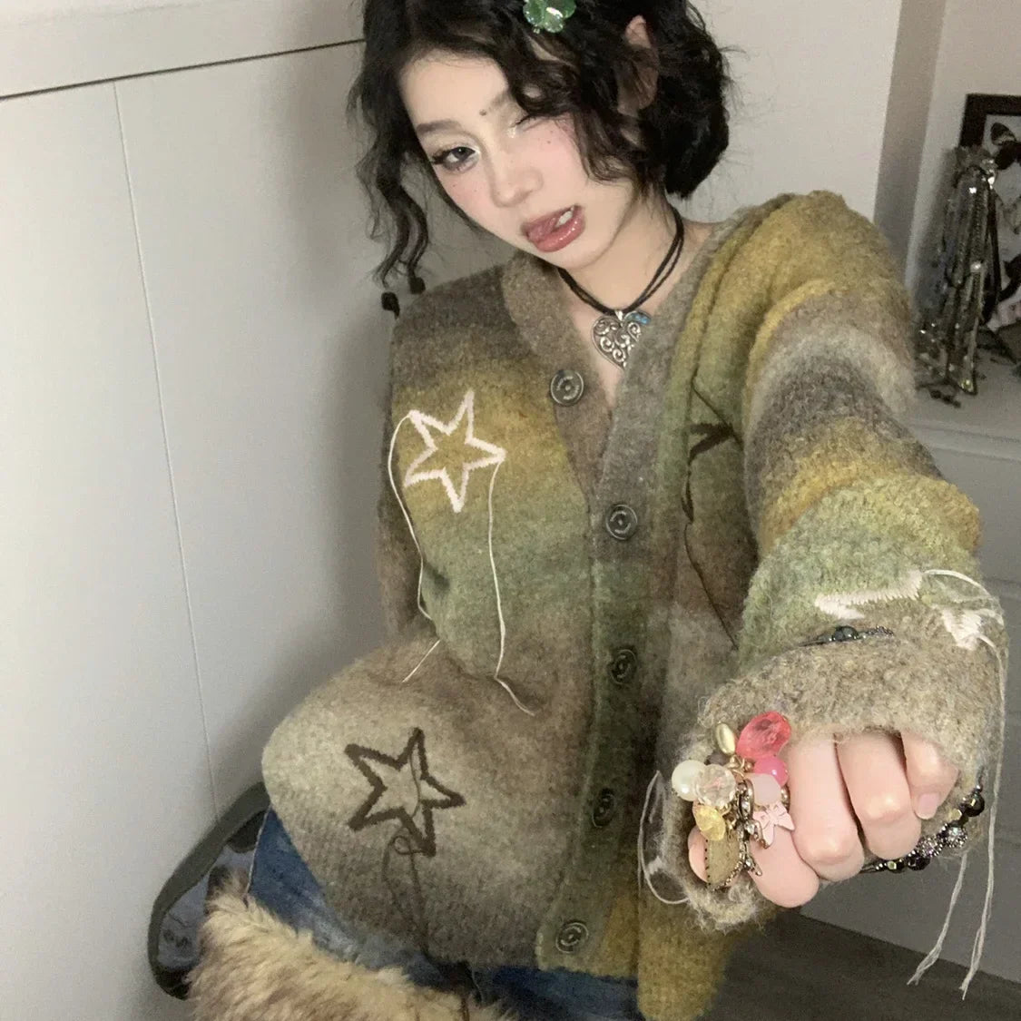 qgtao Vintage Star Knitted Cardigan Women Harajuku Autumn Winter Oversized Sweater Retro Embroidery Tops Fairycore Aesthetic