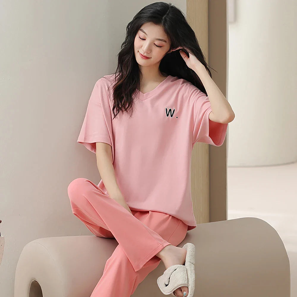 qgtao M-2XL 100% Cotton Women's Pajamas Casual Summer Short Sleeve Thin Pijama Sets Breathable Soft Pajama Sleepwear With Two Pockets