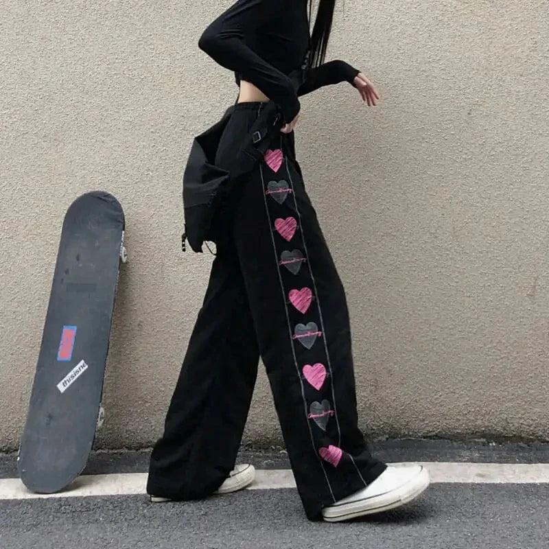 qgtao Plus Size 6XL Spring Summer Pants Women Hearted Print Elastic Waist Black Wide Leg Pant Woman Loose Trousers