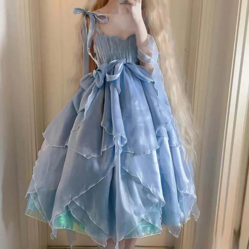 Vintage Elegant Evening Party Long Dress Women Gradient Blue Kawaii Lolita Jsk Dresses Female Bow Bandage Princess Fairy Dress