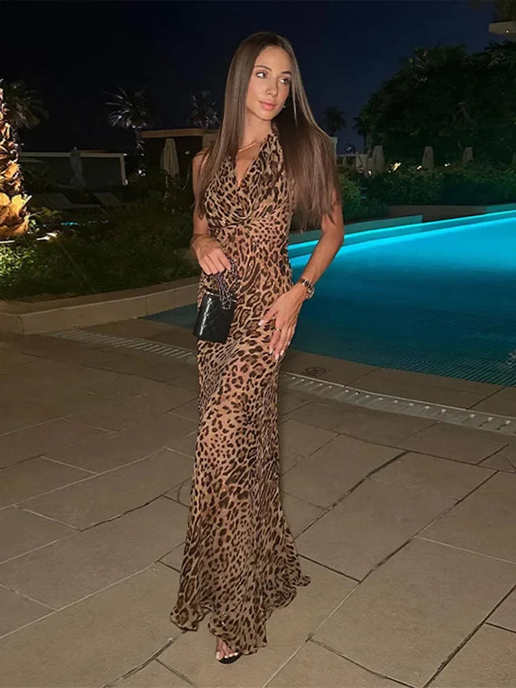 qgtao Sexy Leopard Print Halter V Neck Maxi Dress Women Elegant Off Shoulder Sleeveless Slim Dresses Lady Evening Banquet Party Robes
