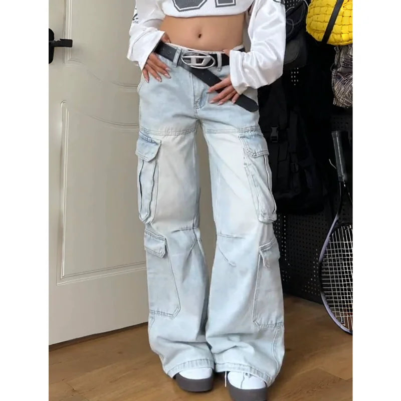 qgtao - Womens Jeans High Waist Baggy Vintage Multiple Pockets Straight Hip Hop Y2K Pants Streetwear American Wide Leg Denim Trouser