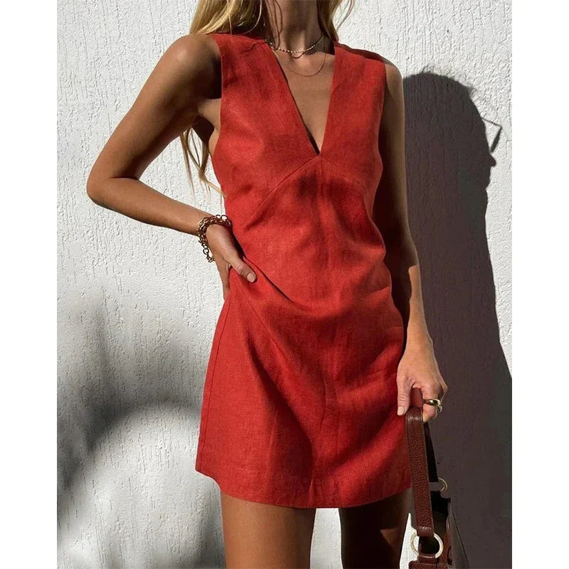 qgtao Cotton Linen Women's Dress Summer Sexy V-neck Short Beach Streetwear Dresses Mini Female Clothing Sundress Vestido