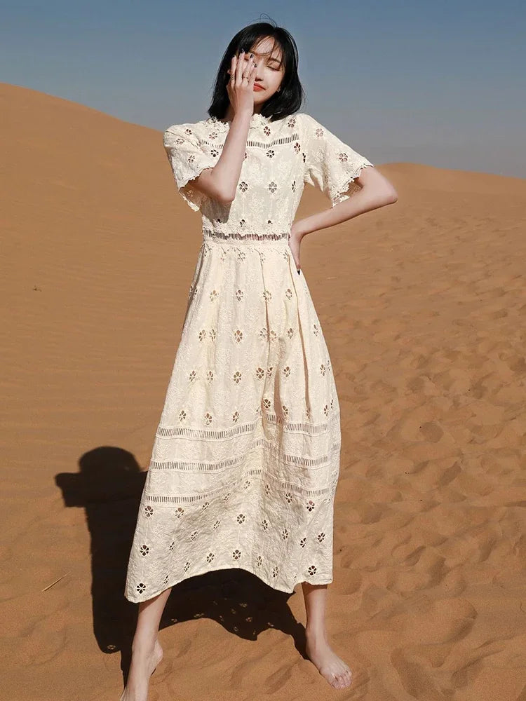 qgtao Boho Elegant Chic Maxi Dress Hollow Out Casual Summer Women Dresses Sheer Sexy Holiday Casual Ladies Dress Vestidos