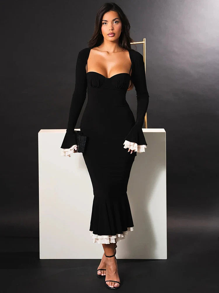 qgtao Elegant Long Sleeve Sexy Maxi Dress For Women Gown Fashion Patchwork Square Collar Bodycon Evening Fishtail Dress