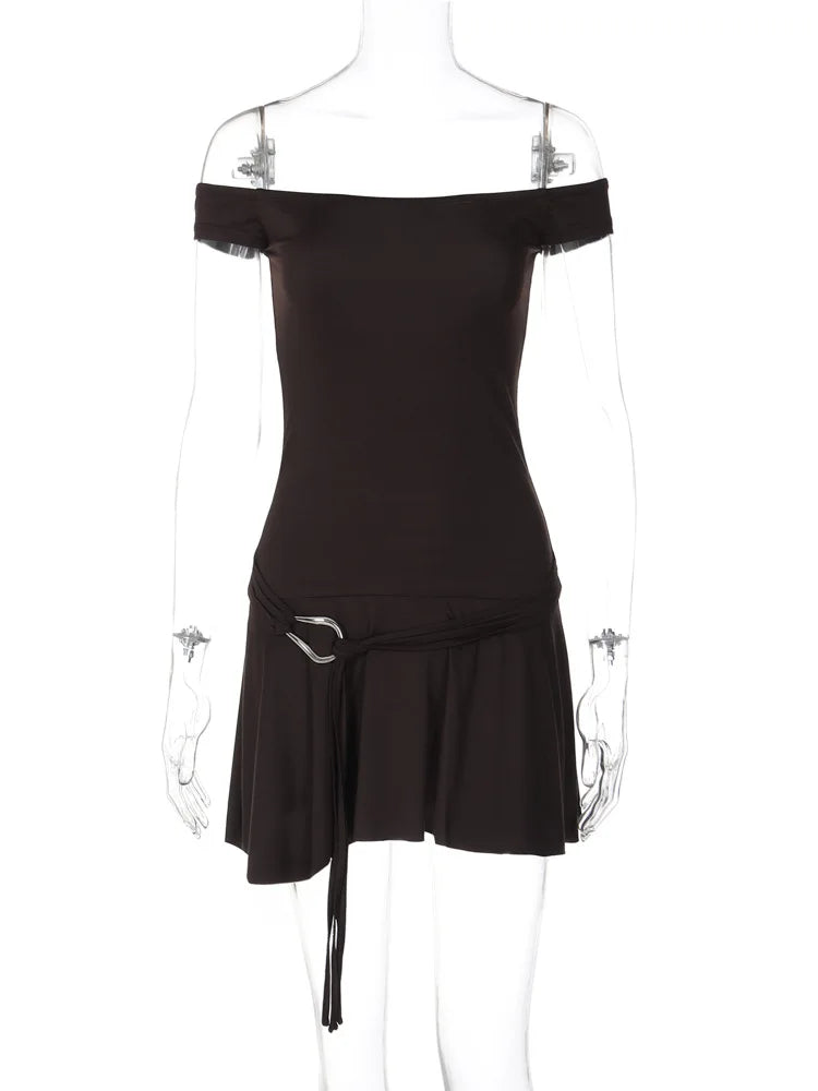 qgtao  Sexy Off Shoulder Sleeveless Strapless Mini Dress For Women Splice Flounced Edge Slim With Belt Y2K Party Dresses