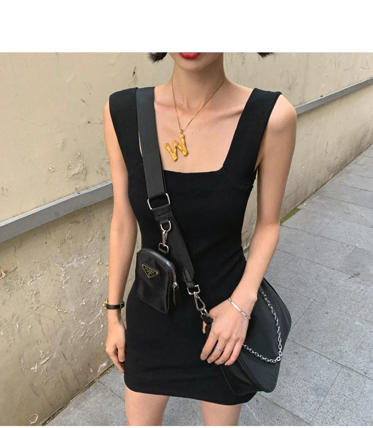 White Cotton Square Neck Vest Mini Dress Women Summer Slim Sexy Backless Sleeveless Short Skirt 3 Colors