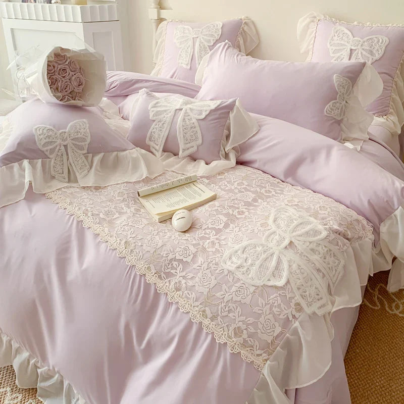Yeknu Korean Princess Bedding Set Lace Bow Beauty Solid Color Lace Ruffle Quilt Cover Luxury Girls Wedding Home Textiles Duver Cover