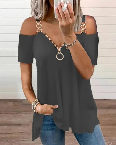 Chain Strap Off Shoulder Designed Top Women Solid Zipper V-Neck Sexy Short Sleeve Female Casual Pullover Loose Clothes