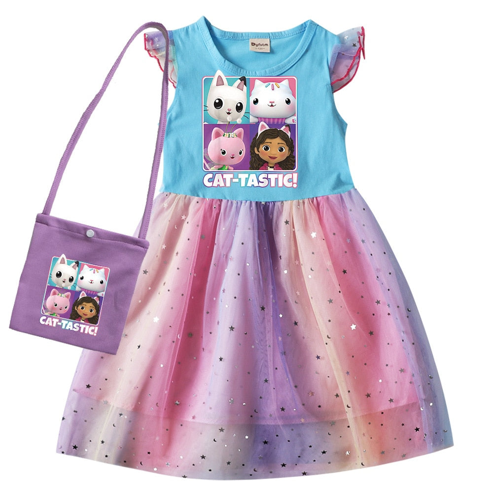 Gabbys Dollhouse Clothes Baby Girls Sleeveless Dresses with Small Bag Kids Cartoon Cats-tastic Wedding Party Princess Vestidos