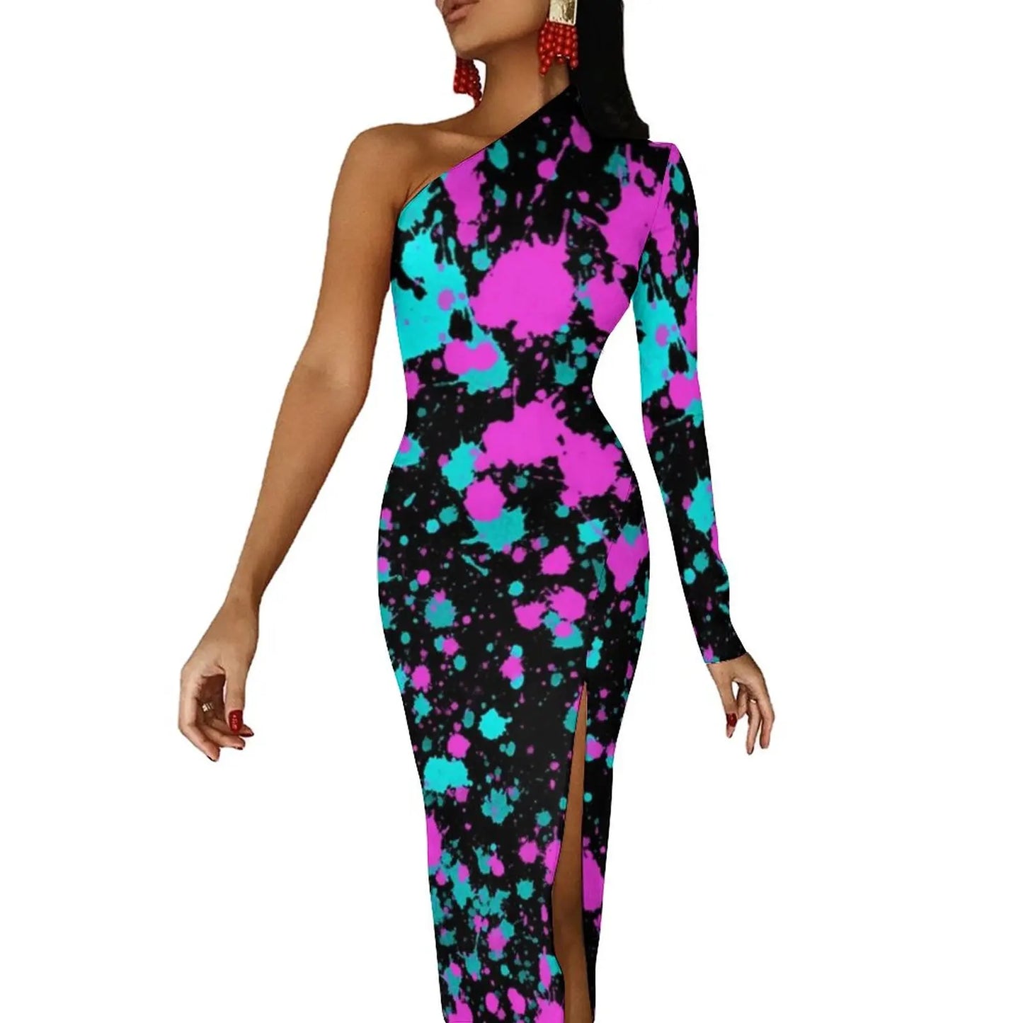 Neon Paint Long Dress Women Graffiti Splatter Print Party Maxi Dress Summer Long Sleeve Sexy Bodycon Dresses Side Split Clothes