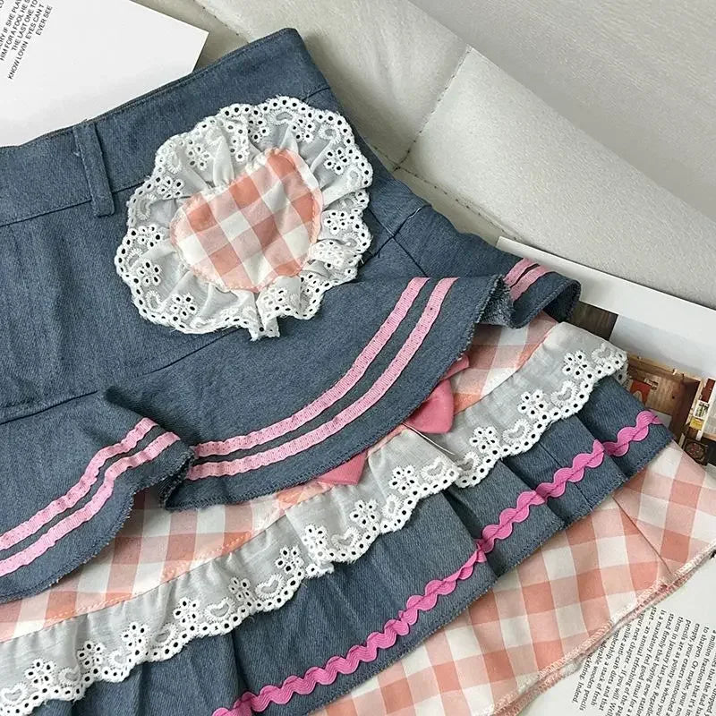 qgtao Kawaii Denim Skirt Women Japanese 2000s Style Y2k High Waist Bow Patchwork Cute Mini Jean Skirt Autumn Lolita Girl