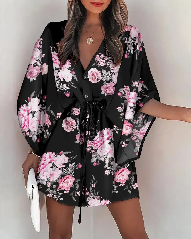 qgtao Women's Summer Flying Sleeves Sexy V-neck Lace Up Print Beach Dress 2023 Women's Spring Quarter Sleeve Loose Button Mini Dress