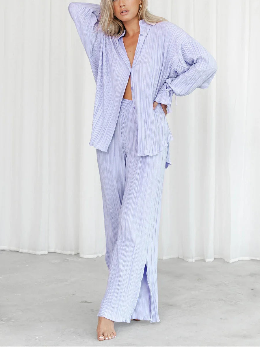 qgtao Women Pleated Pants Suits Set Casual Chic Solid Color Long Sleeve Oversize and Wide Leg Pants Trousers 2023 Elegant Tracksuit