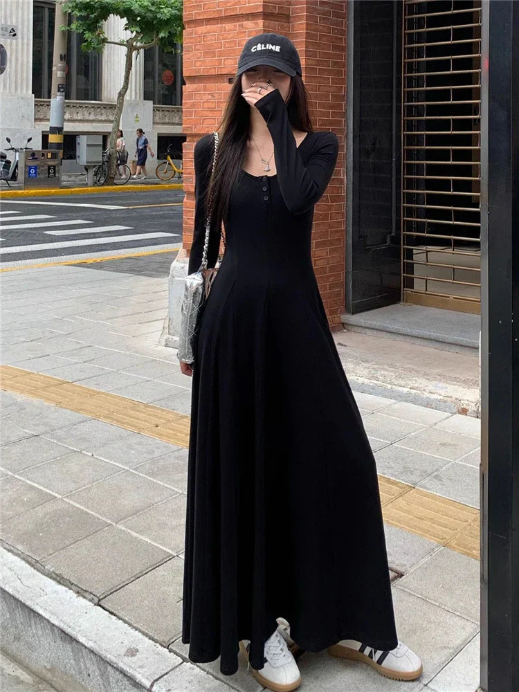qgtao-Elegant Black Knitted Midi Dresses for Women Autumn and Winter Fashion Solid Sweet Cute Slim Chic Vintage Female Long Dress