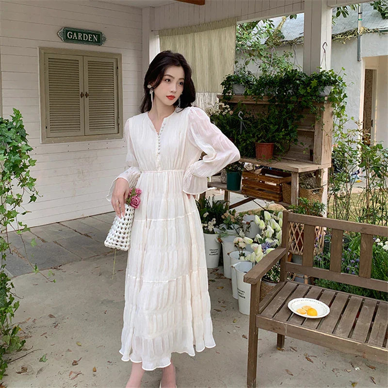 qgtao-Elegant Chic Women White Midi Dress for Autumn 2023 New Chiffon Puff Long Sleeve V-neck Casual Office Lady Cute Fairy Dress