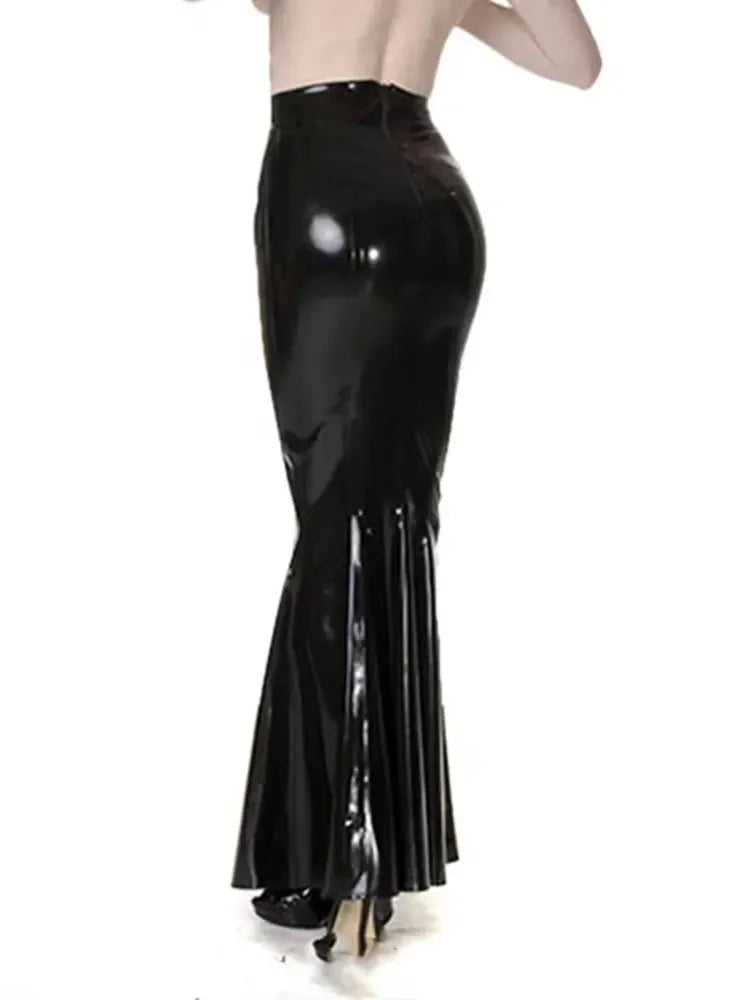 Women's PU Leather Fold Midi Long Skirt, Side Opening, Flared, Flared, Ankle-Length, Sexy, Black, Slim, Street Wear, Fashion