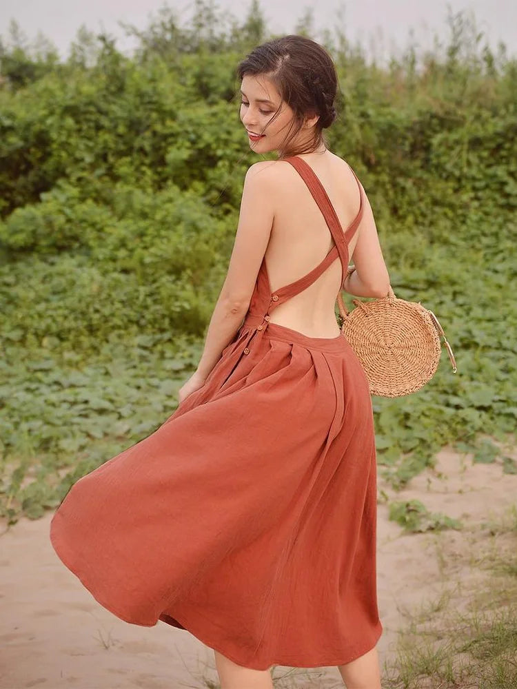 qgtao Elegant Cotton Linen Women's Dress Sexy Sleeveless Sqaure Collar Back Cross Long Midi Party Dress Vestidos платье женское