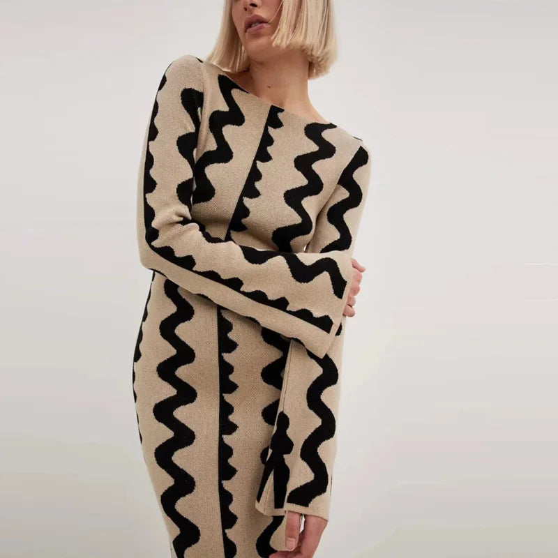 qgtao Fashion Bodycon Knitted Elegant Dress Casual Autumn Chic Office Women Maxi Dresses Ripple Striped Vintage Spice Sexy Party Robe