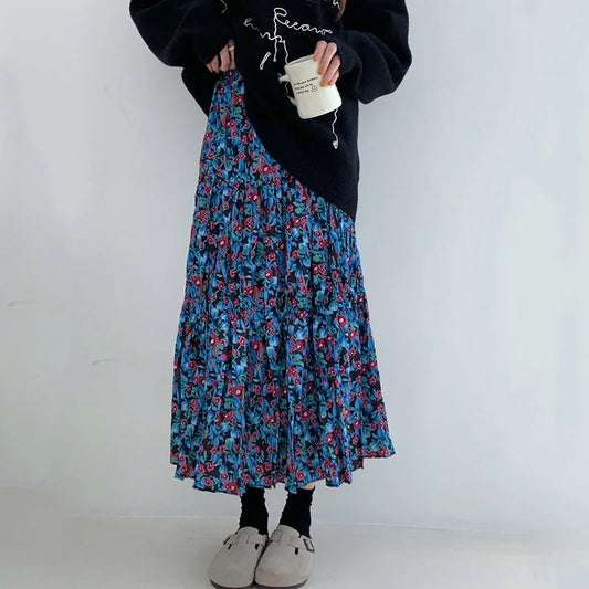 qgtao 2024 Fashion Printed Skirts for Women Spring Summer Patchwork Elastic Waist Long Skirt Woman Vintage Midi Skirts Female