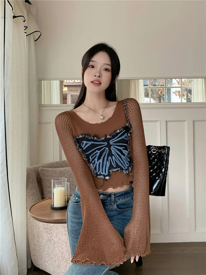 qgtao Y2k Sweater Vintage Butterfly Embroidery Knitted Pullover Suqare Neck Long Hollow Out Flare Sleeves 2024 Autumn Tops.