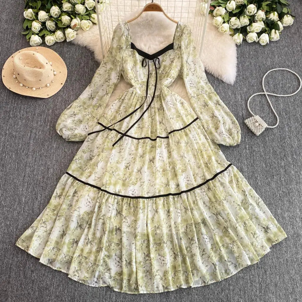 qgtao Elegant Floral Printed Midi Dresses for Women Lantern Sleeves Square Collar A-line Birthday Party Dress Autumn New Prom Robe