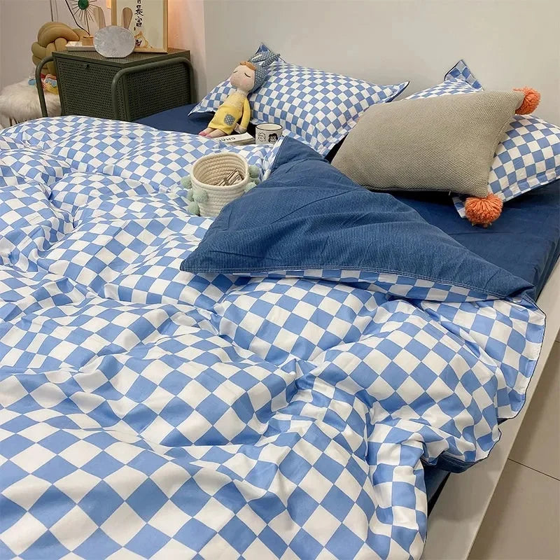 Yeknu Nordic Pink Checkerboard Duvet Cover Sets With Pillowcases Flat Sheet Kids Girls Boys Full Queen Twin Size Kawaii Bedding Kit