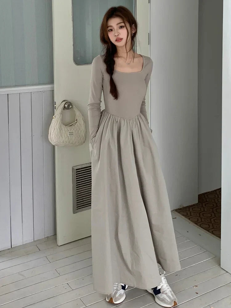 qgtao-New Autumn Fashion Elegant Black Midi Dress for Women Long Sleeve Square Neck Simple Solid Vintage Chic Ladies Dresses Korean