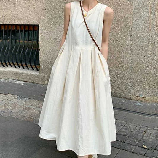 qgtao Casual O-neck Long Dresses Vintage Elegant Korean Style Sleeveless Gentle Office Basics Minimalist Preppy Midi Dress