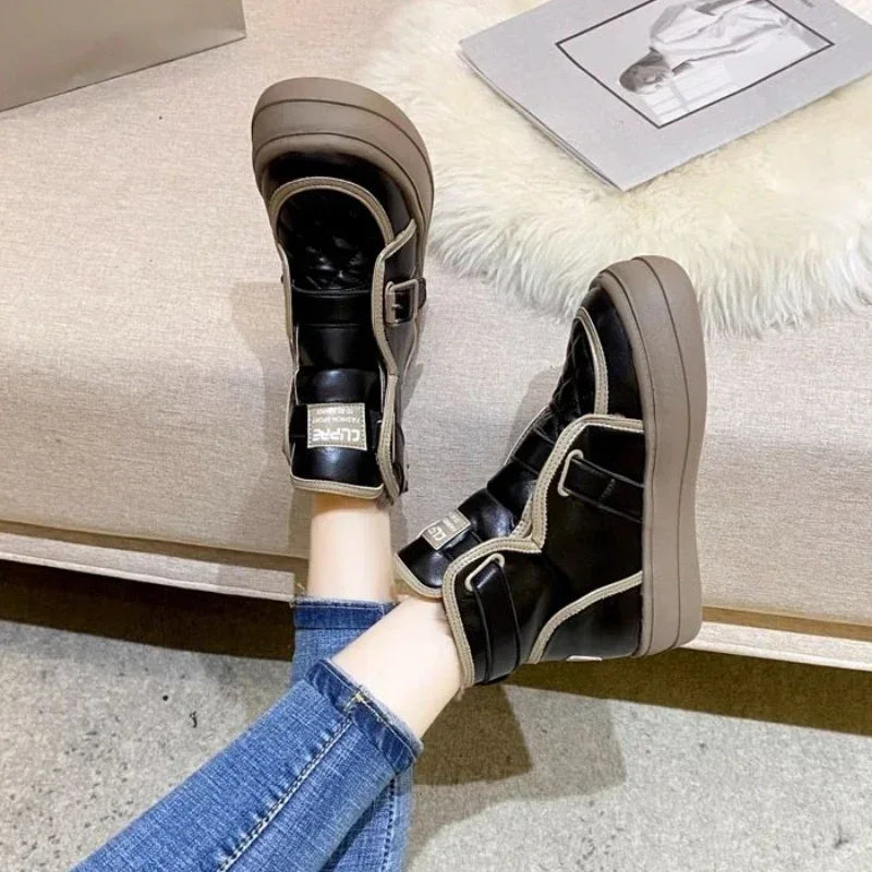 qgtao Shoes for Women Sports Platform Black Chunky Womens Snow Boots Round Toe White Leather Sneakers Comfrtable Winter Footwear 2024