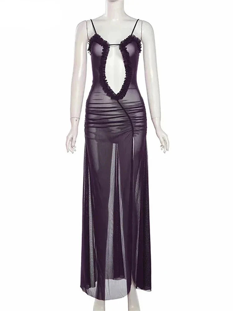 Sexy Hollow Long Dress For Women Print Camisole Off Shoulder Backless Sleeveless Frilly  Mixi Dress Female Party