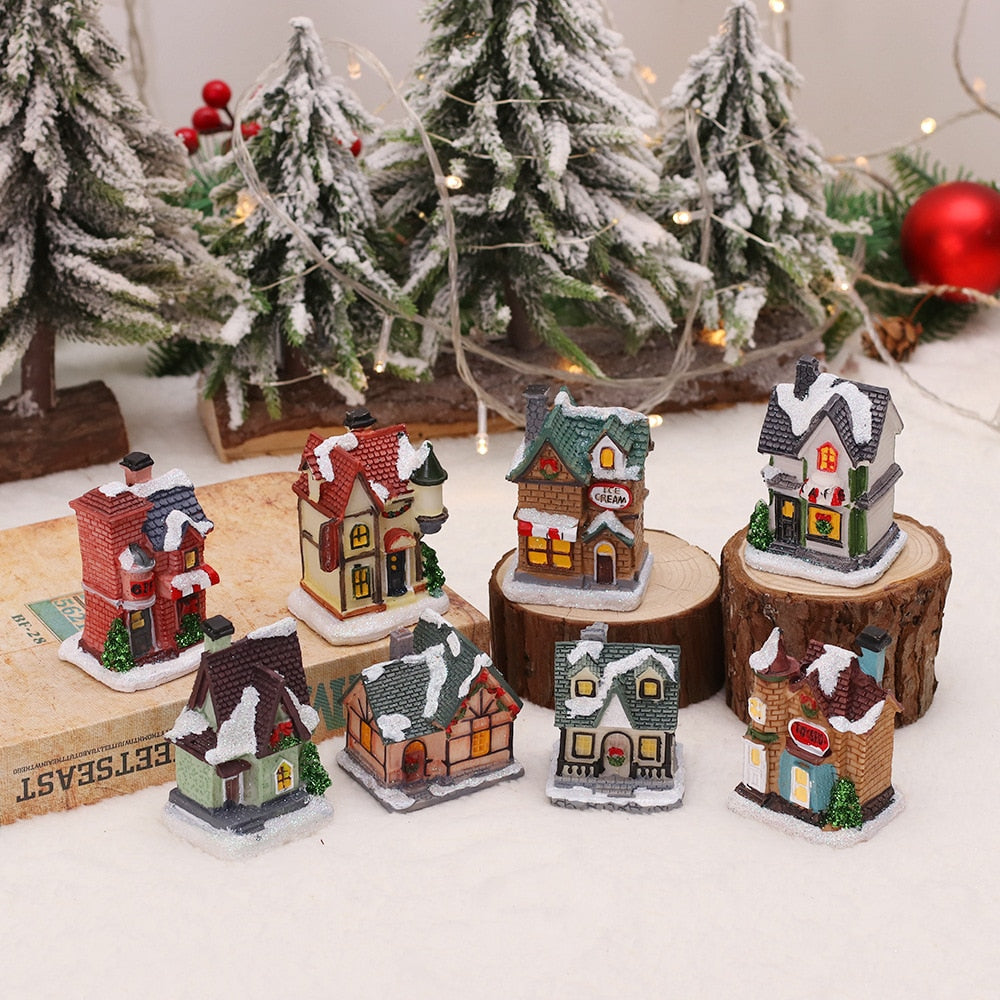 Christmas Decorations Holiday Village Set Lighted Xmas Village Houses with Figurines Small Christmas Scene Gift Home Ornament