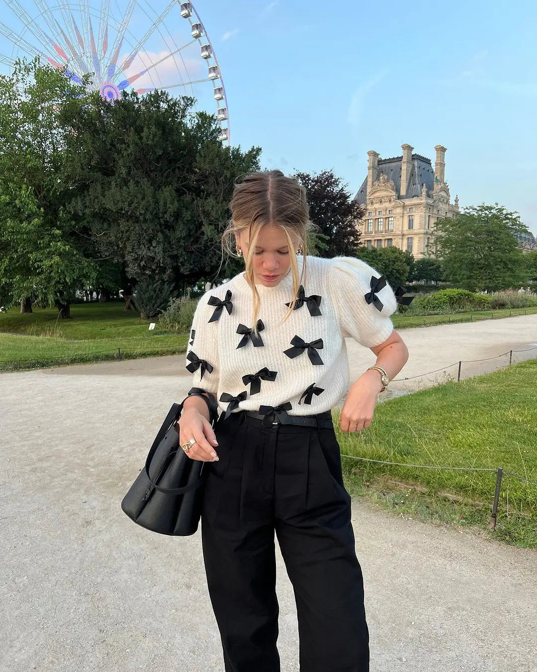 qgtao - Elegant Puff Short Sleeve 3d Bow White Knit Sweater Women Fashion O-neck Pullover 2024 New Lady Out Streetwear Sweaters Tops