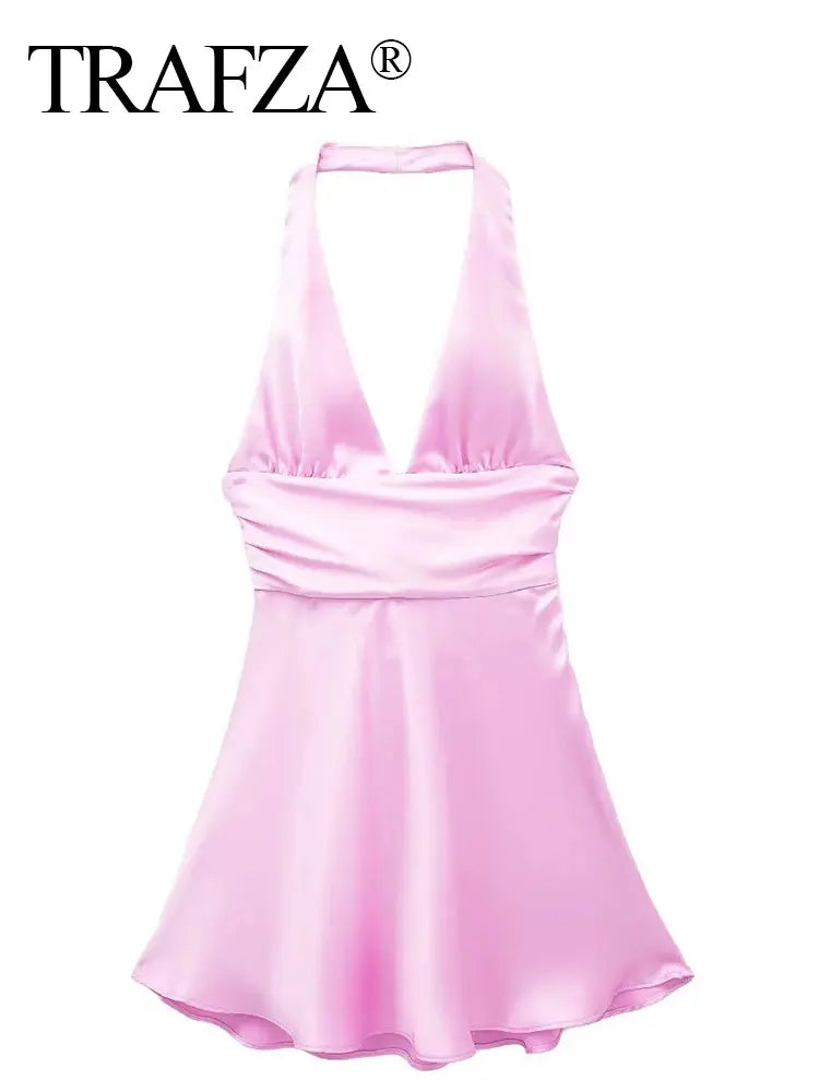 qgtao Dress For Women Fashion Back Bow Lace Up Slim Mini Dress Sexy Backless V Neck Halter Sleeveless Dresses Female Streetwear