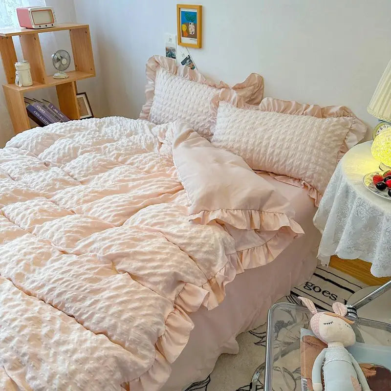 Yeknu Euro Solid Color Ruffle Bedding Sets Girl Couple Fluffy Queen Duvet Cover With Bed Skirt Pillowcase Bedroom Comfort 4 Pieces Set