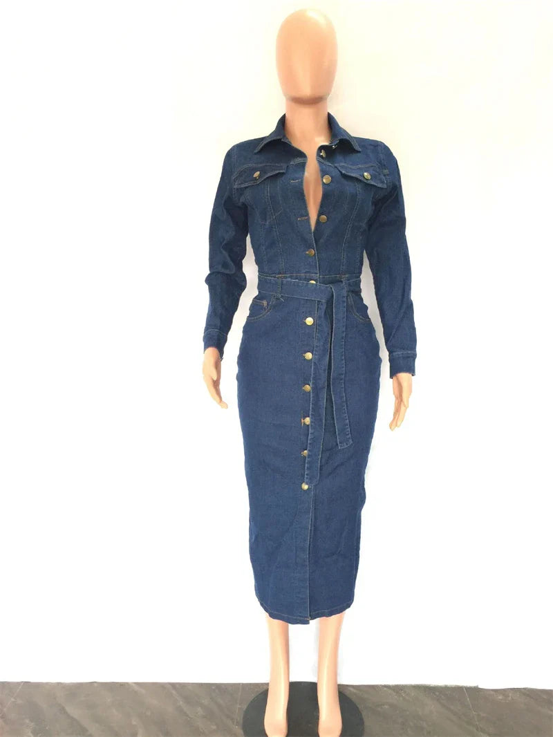 Vintage Denim Dresses for Women Autumn Clothes Long Sleeve Button Up Bodycon Jean Dress Streetwear Elegant Midi Dress Robe Femme