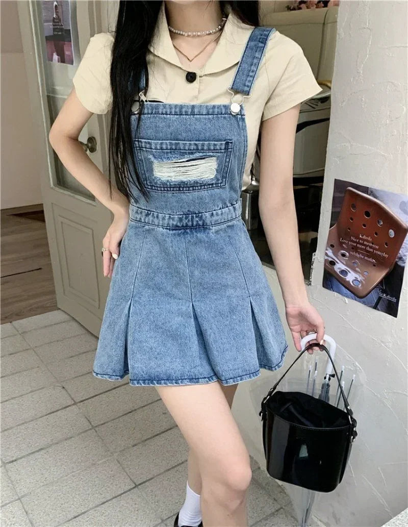 qgtao-Denim Overall Dresses Women Summer Vintage Blue Elegant Y2k Folds Camisole Pleated Dress Mini Fashion Hotsweet Korean Vestidos