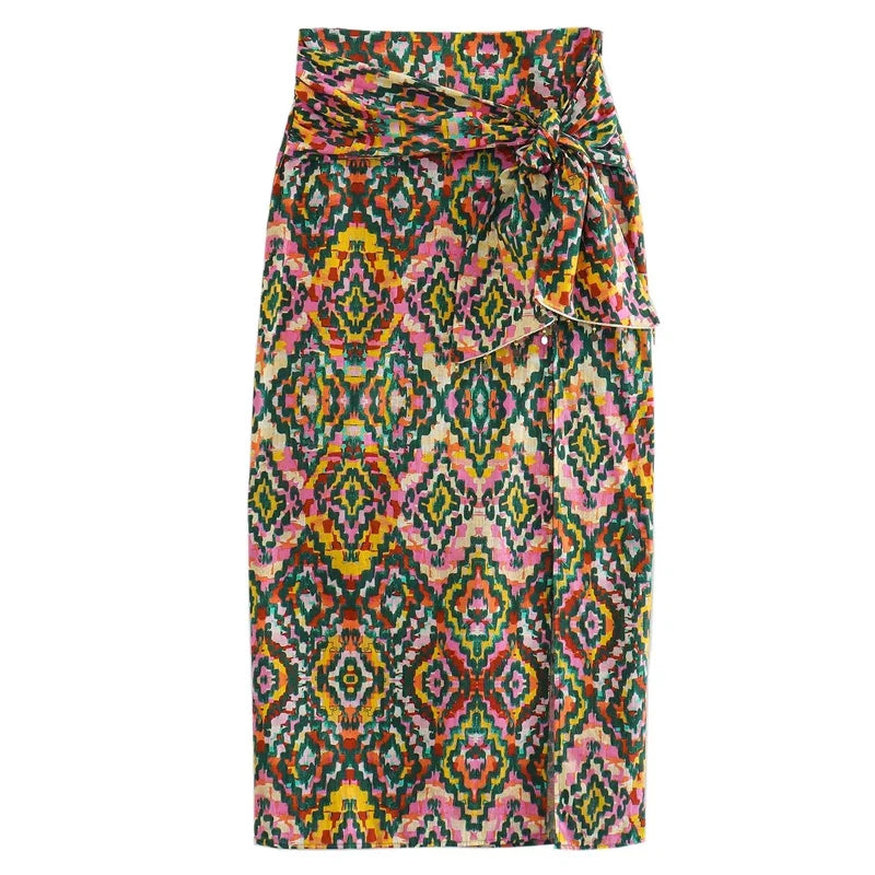 TRAF Print High Waist Midi Skirt for Women Summer 2023 Knot Beading Sexy Slit Female Long Skirt Floral Vintage Beach Slit Skirt