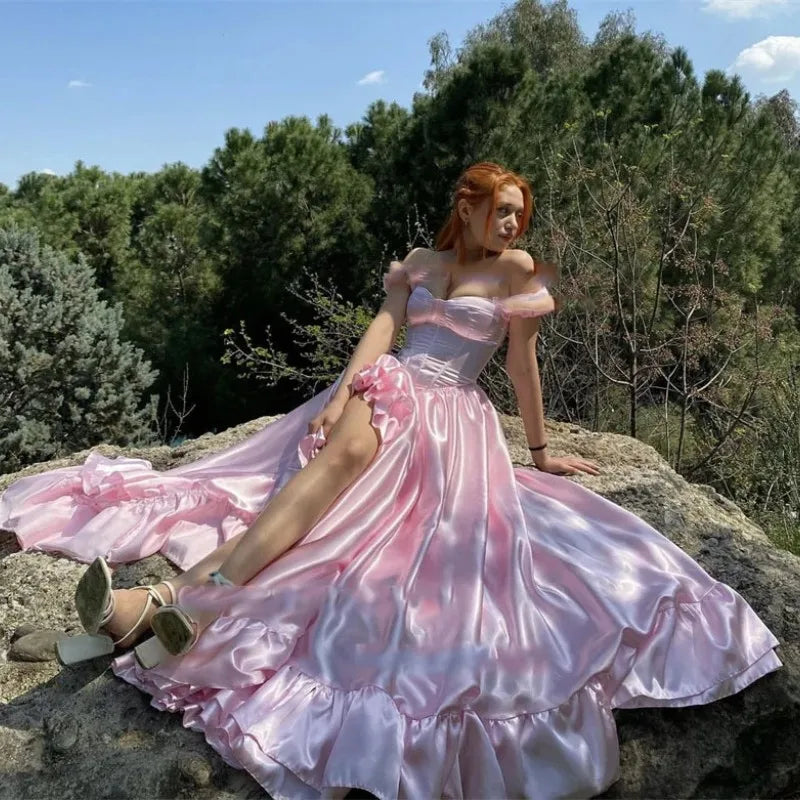 qgtao Sexy Sweeetheart Pink Prom Party Dresses Detachable Short Sleeves Ruffles Silk Split Evening gowns Formal Sexy Dresses For Woman