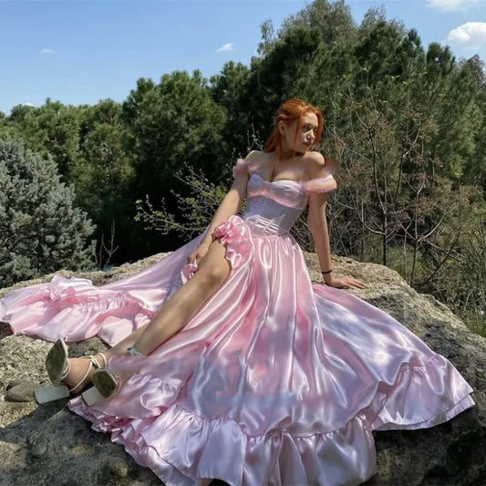 qgtao Sexy Sweeetheart Pink Prom Party Dresses Detachable Short Sleeves Ruffles Silk Split Evening gowns Formal Sexy Dresses For Woman